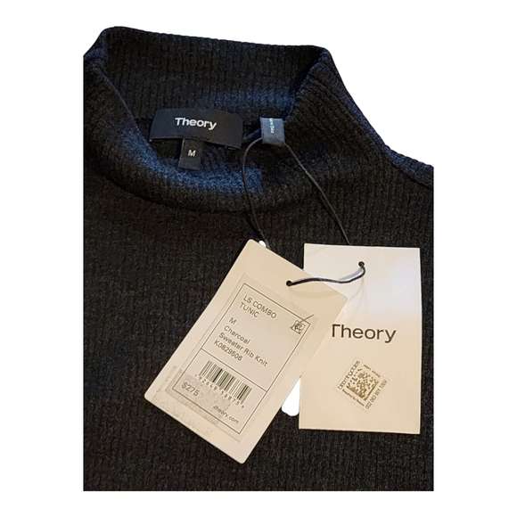 Theory LS Combo Tunic Sweater Charcoal Ribbed Knit Layered Shirt Hem Size Medium - Picture 6 of 9